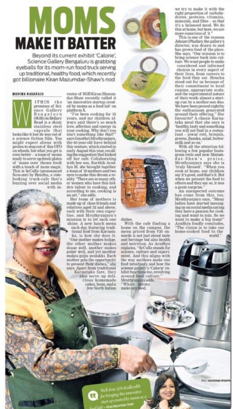 Alt Text Gayathri Mruthyunjaya, founder of ScCuXe by Henchu, featured in "Moms Make it Batter" article from Indian Express with images of home-cooked dishes like dosas and idlis.