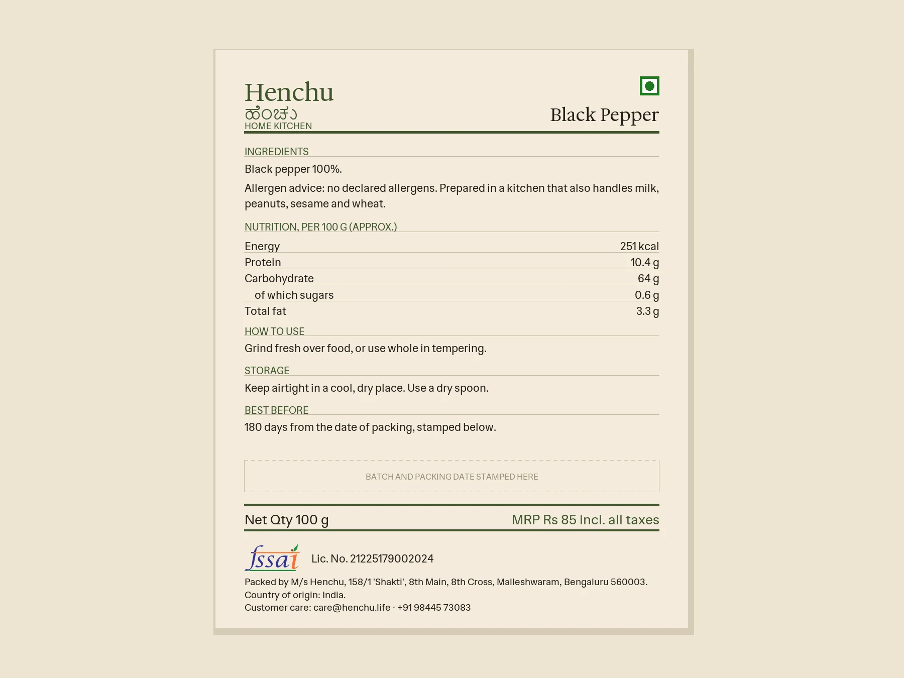 Black Pepper back label with ingredients, nutrition and FSSAI details