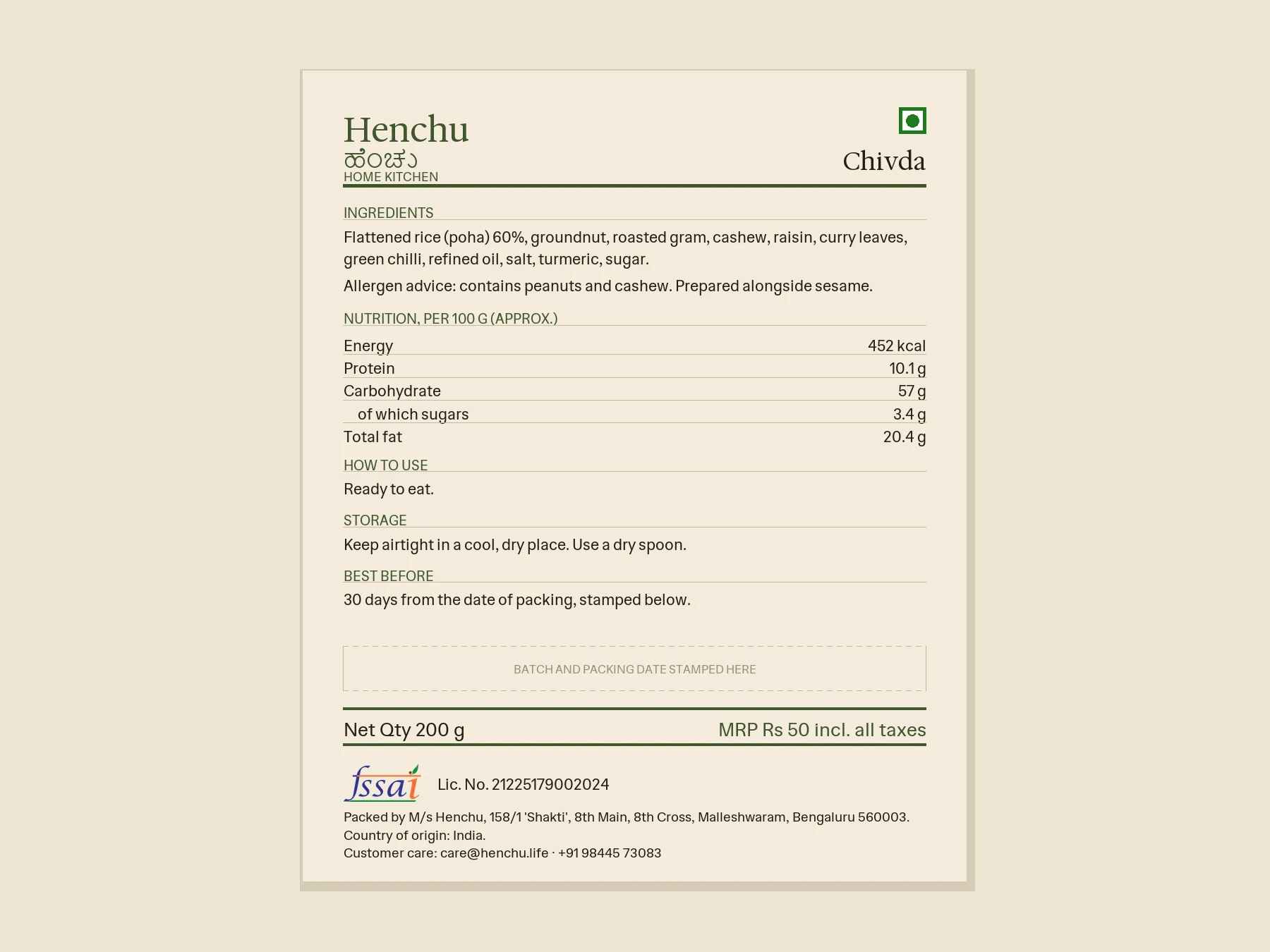 Chivda back label with ingredients, nutrition and FSSAI details