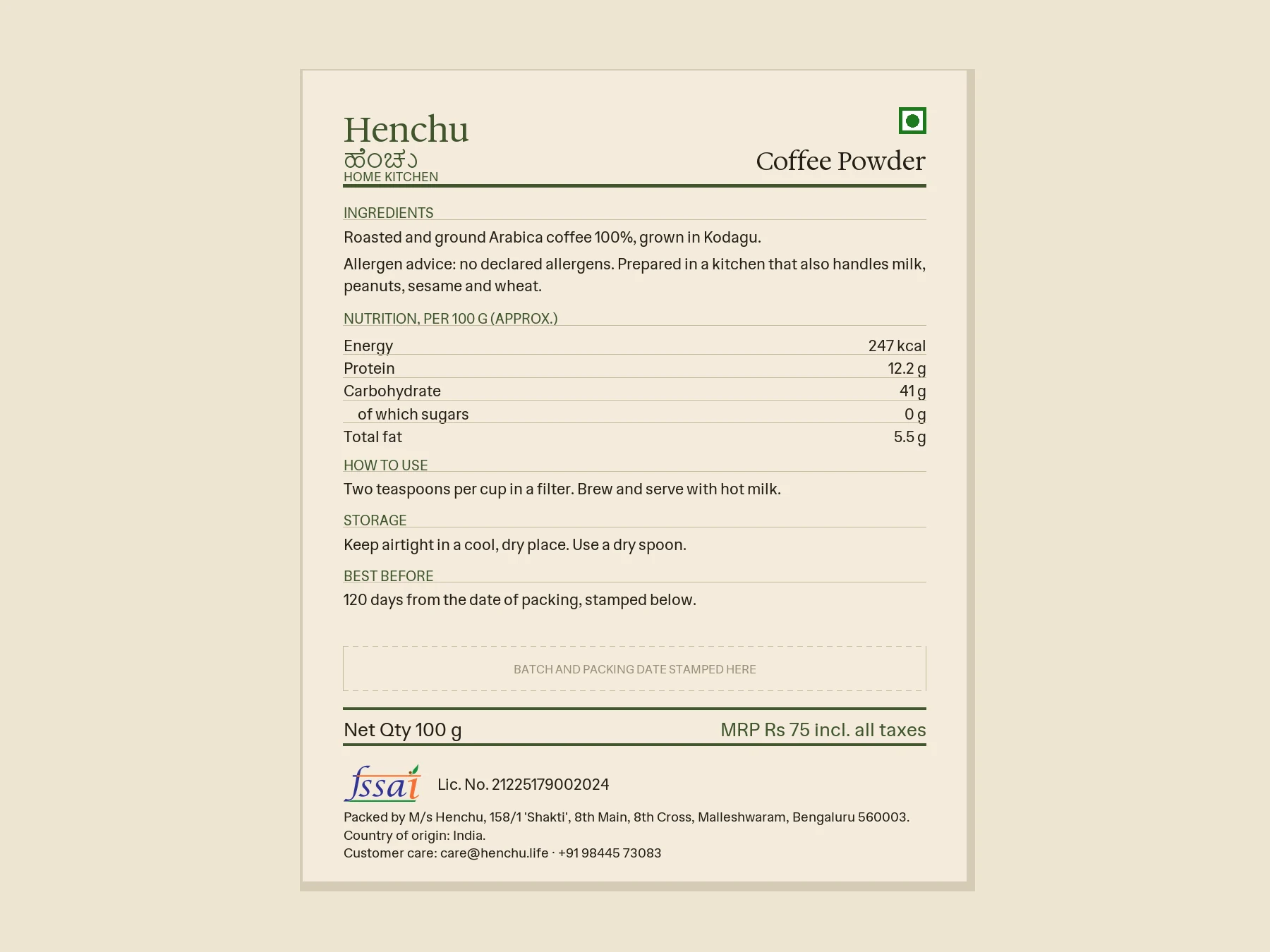 Coffee Powder back label with ingredients, nutrition and FSSAI details