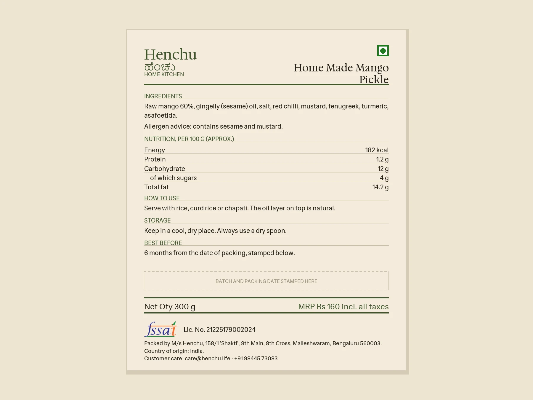 Home Made Mango Pickle back label with ingredients, nutrition and FSSAI details