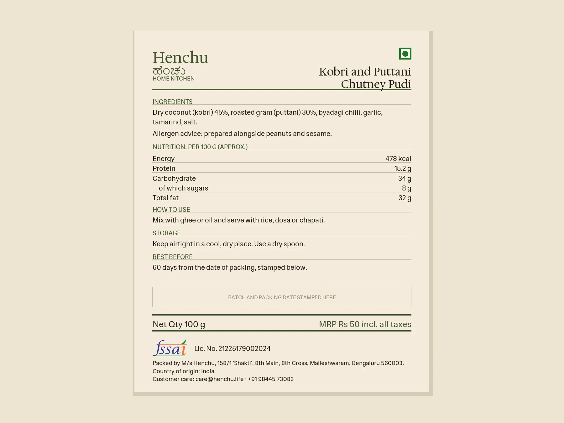 Kobri and Puttani Chutney Pudi back label with ingredients, nutrition and FSSAI details
