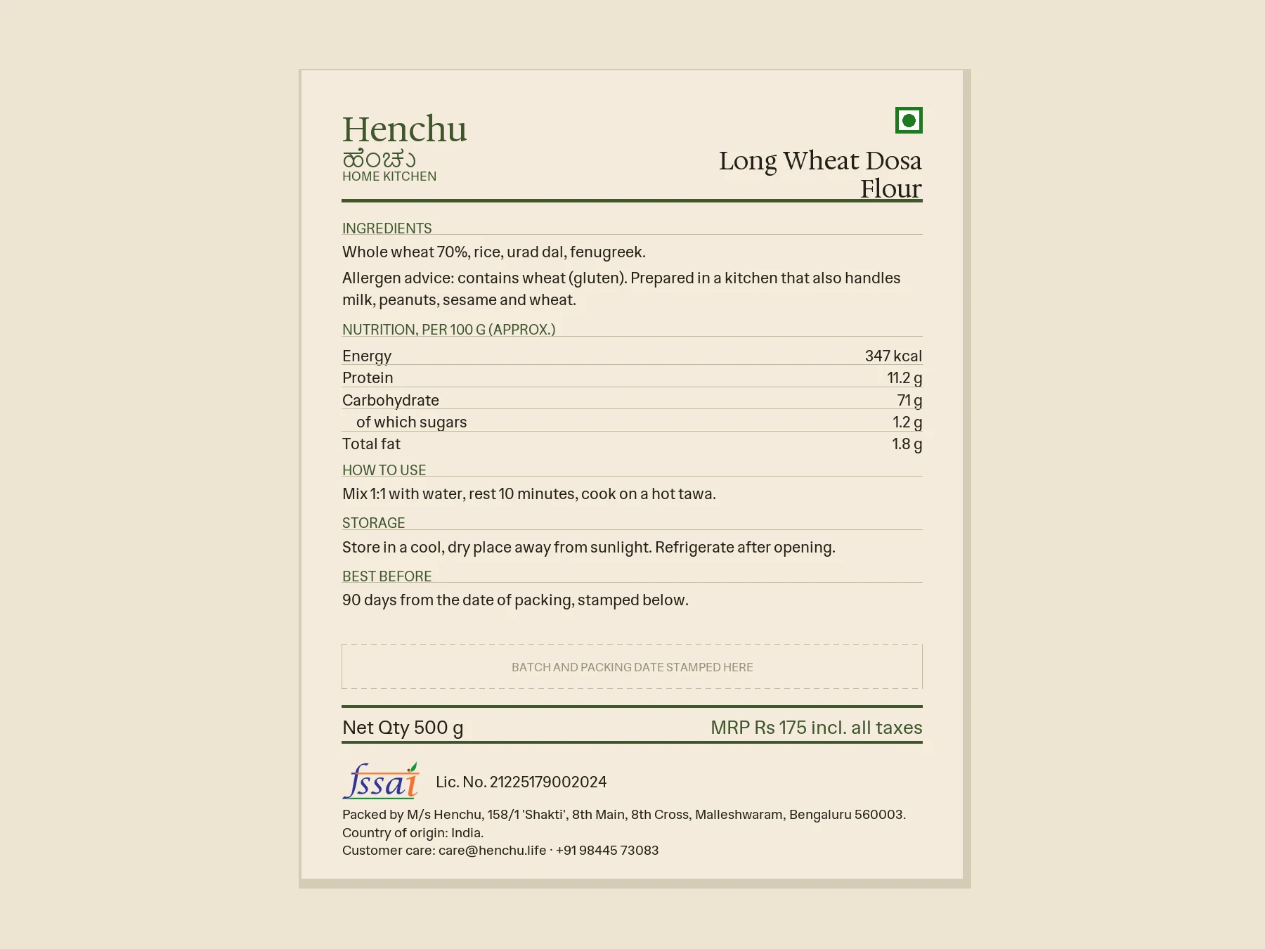 Long Wheat Dosa Flour – 1/2 KG back label with ingredients, nutrition and FSSAI details