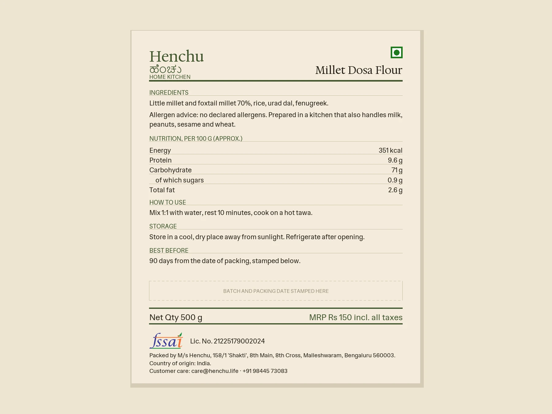 Millet Dosa Flour – 1/2 KG back label with ingredients, nutrition and FSSAI details
