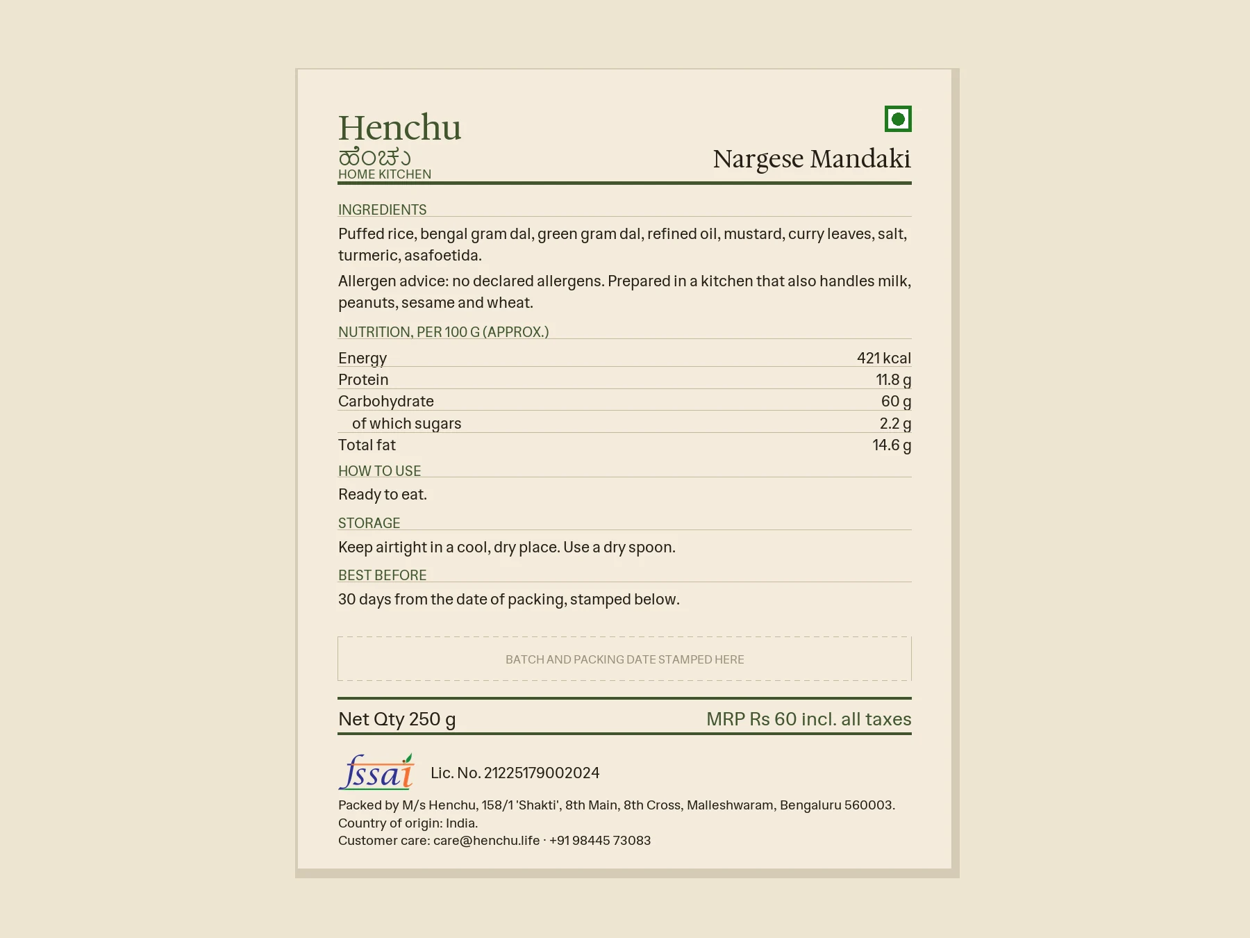 Nargese Mandaki – 250 GMS back label with ingredients, nutrition and FSSAI details