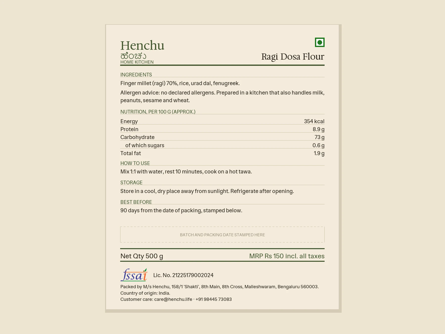 Ragi Dosa Flour – 1/2 KG back label with ingredients, nutrition and FSSAI details
