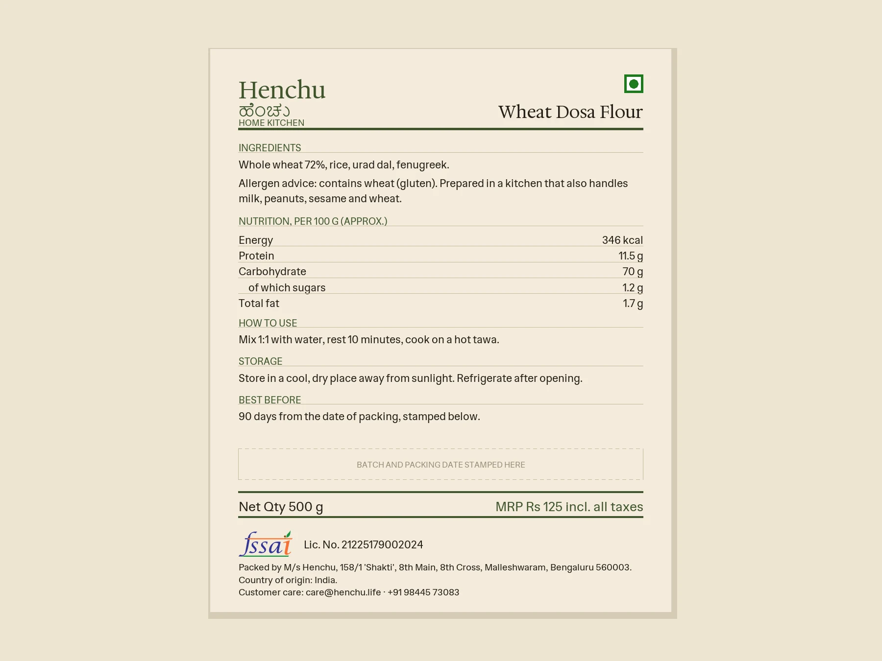 Wheat Dosa Flour – 1/2 KG back label with ingredients, nutrition and FSSAI details