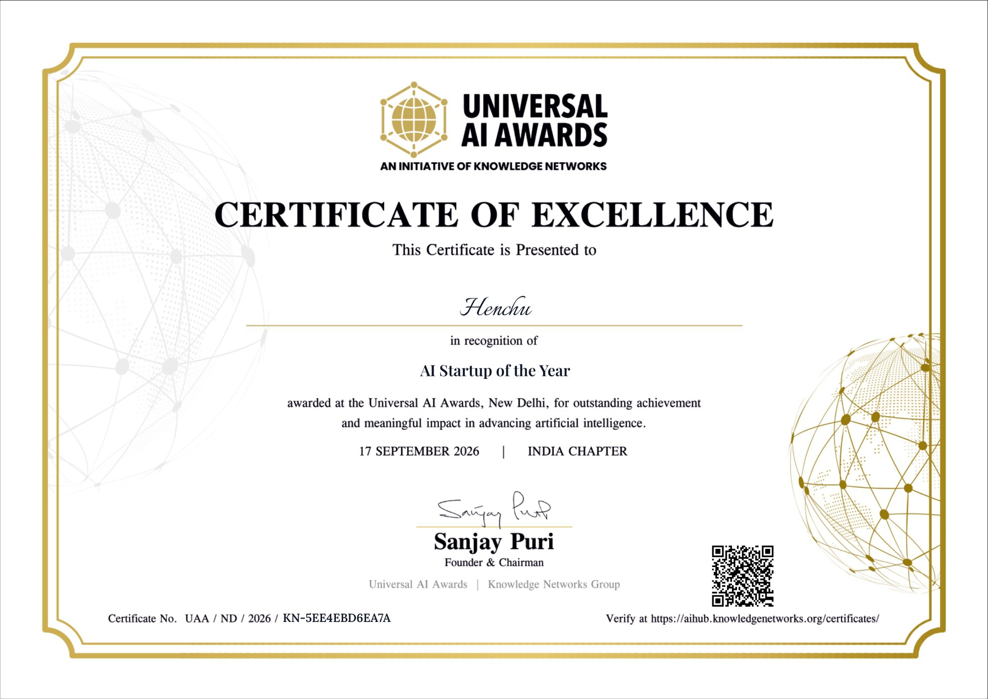 Universal AI Awards certificate of excellence presented to Henchu for AI Startup of the Year, 17 September 2026, India Chapter
